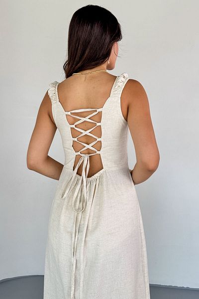 Cappmoda Elb-01824 Stone Color Slit Detail Cross Tie Back Linen Dress
