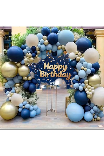 Çemrek Süs Parti Night Blue Macaron Blue Retro White Gold Chrome Balloon Chain Set of 100