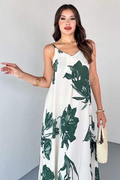 Cappmoda Elb-01825 Green Leaf Pattern Cotton Viscose Dress with Adjustable Strap