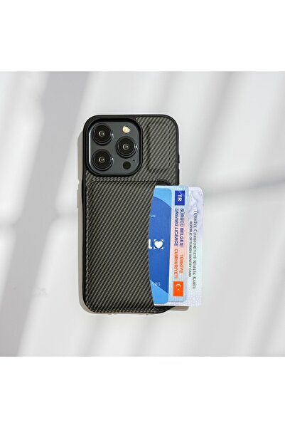 HYPERSOFT Iphone 15 Pro Max (6.7 inç) Uyumlu Cüzdan Kartlıklı Stantlı Karbon ...