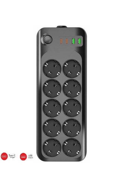 WINNBOSS Termal Akım Korumalı USB ve Type-C 2.1A Şarj Çıkışlı 10A 2500W 10'lu Uzatma Grup Priz 3423