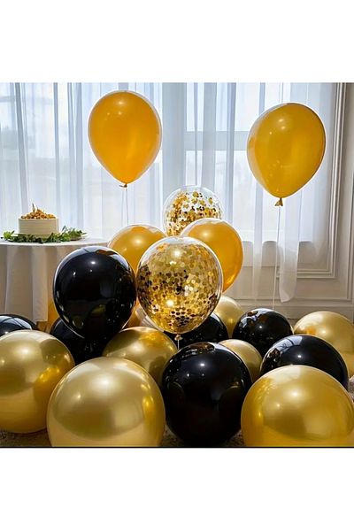 Çemrek Süs Parti Metallic Gold Black Transparent Sequin Balloon Set of 20