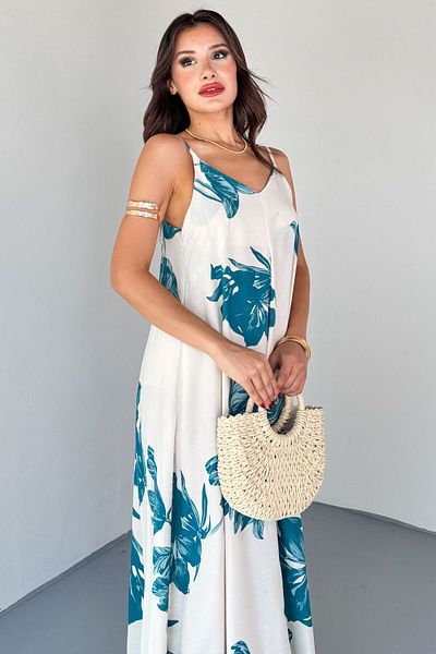 Cappmoda Elb-01825 Blue Leaf Pattern Cotton Viscose Dress with Adjustable Strap