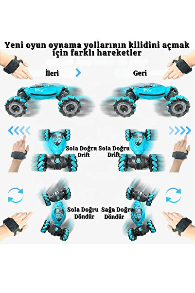 welcomein Uzaktan Kumandalı Bilekten Kontrol Drift Işıklı Şarjlı Akrobat Stunt Araba 2.4G RC Oyuncak +6 Yaş