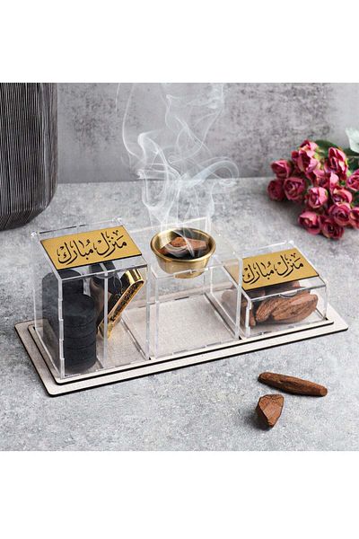 Story of candle Incense Burner Set With Marouqi Oud, Lighter, Charcoal, And Tongs - 'blessed Home' Acrylic Design