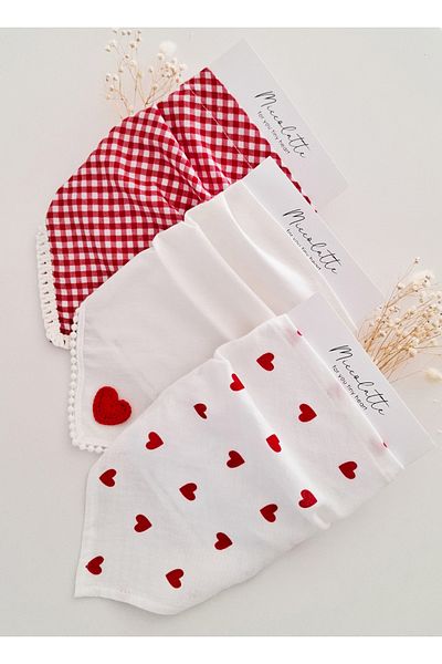 Miccolatte 3-Piece Baby Girl Premium Triangle Bandana Set - Heart Muslin, Vintage Inspired Tieable (0-2 Years)
