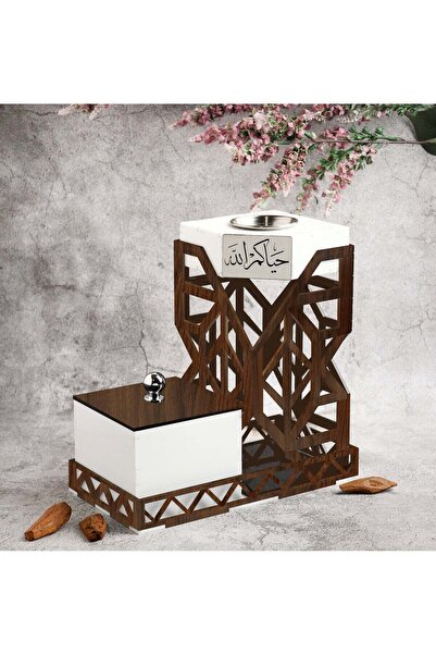 Story of candle مبخرة بخور أنيقه تحمل عبارة "حياكم الله" مع صندوق بخور وصينية تحملهما