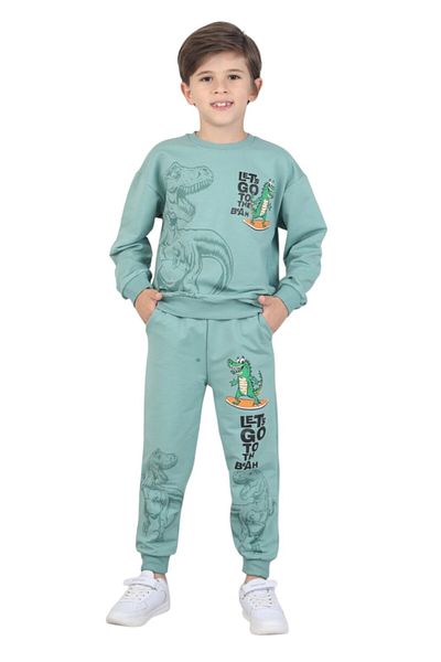 ERDEM KIDS Boys' Dinosaur Printed Pajamas Set Two-Thread Tracksuit Set Dual Set