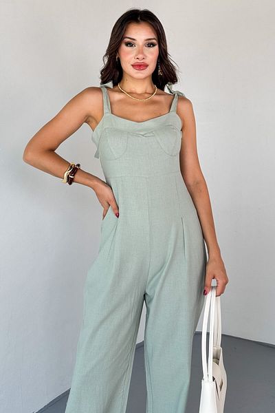 Cappmoda Elb-01822 Mint Green Side Zipper Lace-Up Strap Raw Linen Jumpsuit