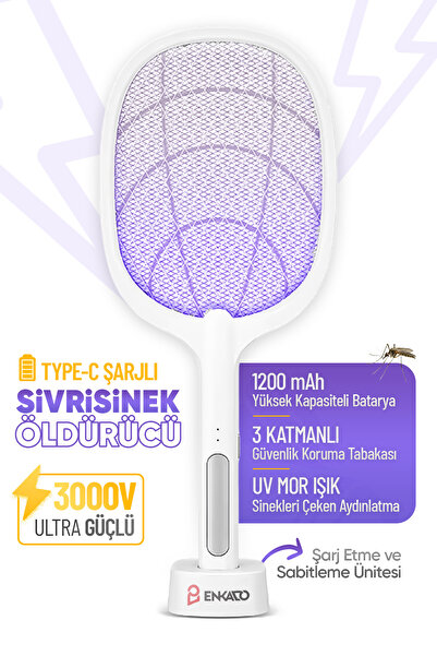 Enkado Şarjlı Elektrikli UV Işıklı Sivrisinek Öldürücü Raket Sinek Kovucu Sineksavar Işıklı Raket Sineklik