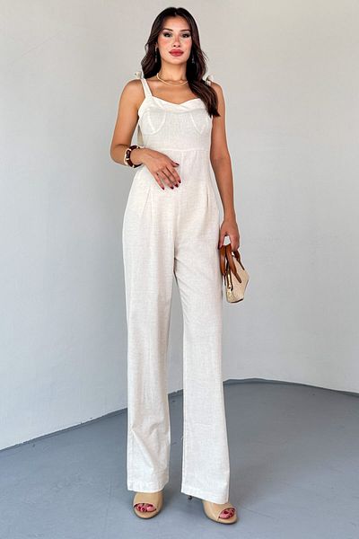 Cappmoda Elb-01822 Stone Color Side Zipper Lace-Up Strap Raw Linen Jumpsuit