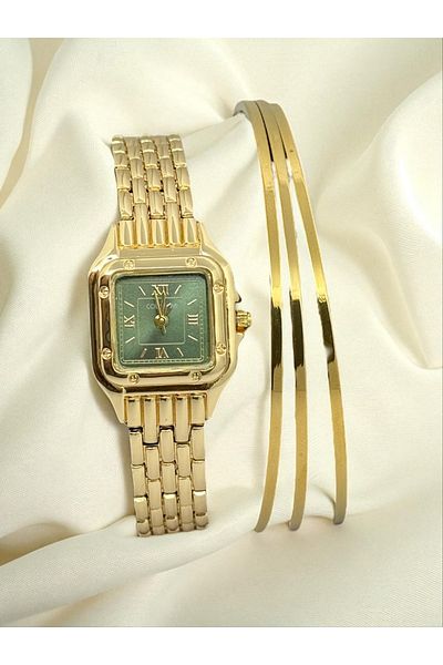 MAC CENTER Model Gold Color Steel Cord Women's Wristwatch and Combination Bracelet Set - Watch - Bracelet