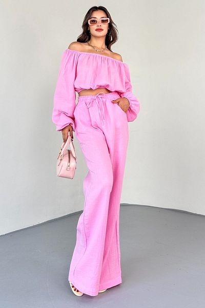 Cappmoda Tkm-13328 Pink Boat Neck Blouse & High Waist Wide Leg Pants Set
