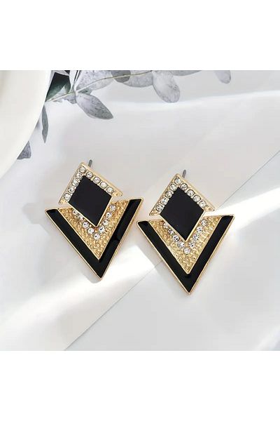 Atılgan Grp Classic and Elegant Design Zircon Stone Black and Gold Women's Earrings