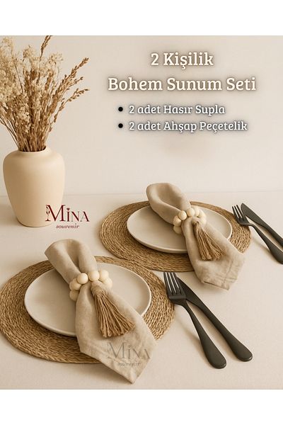 Mina Souvenir 2 Personal Bohemian Presentation Set with 2 Wicket Water Supplies and 2 Natural Wooden Napkin Holders