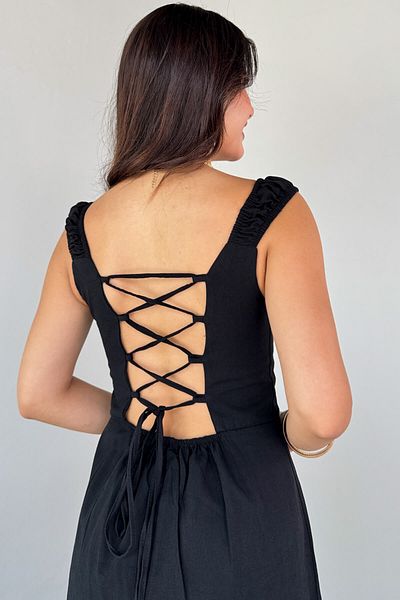 Cappmoda Elb-01824 Black Slit Detailed Back Tie Linen Dress