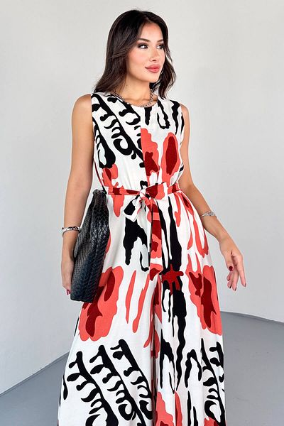 Cappmoda Elb-01821 Powder Patterned Back Zippered Belted Cotton Viscose Jumpsuit