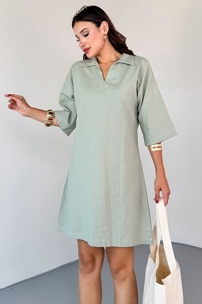 Cappmoda Elb-01826 Mint Green Linen Polo Neck V Cut Casual Dress
