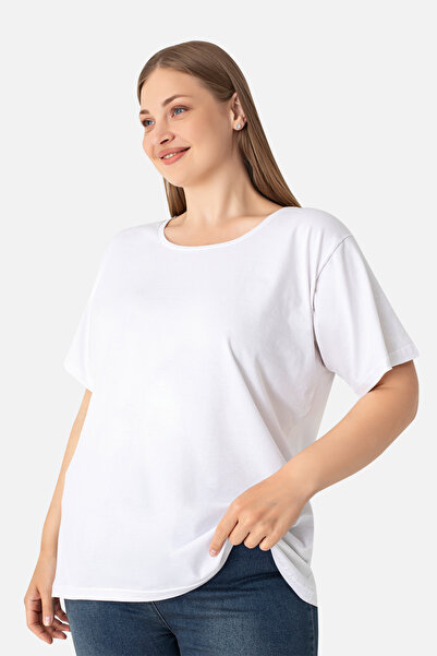 Arma Yıldız Women's White Plus Size Crew Neck Cotton Lycra Stretchy Short Sleeve T-Shirt