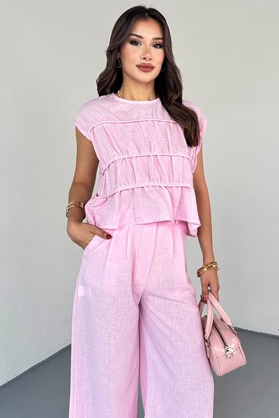 Cappmoda Tkm-8041 Pink Flywheel Detailed Sleeveless Linen Blouse & Pleated Pants Suit with Elastic Back