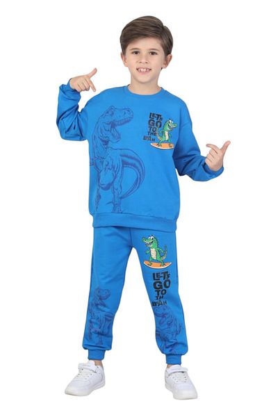 ERDEM KIDS Boys' Dinosaur Printed Pajamas Set Two-Thread Tracksuit Set Dual Set
