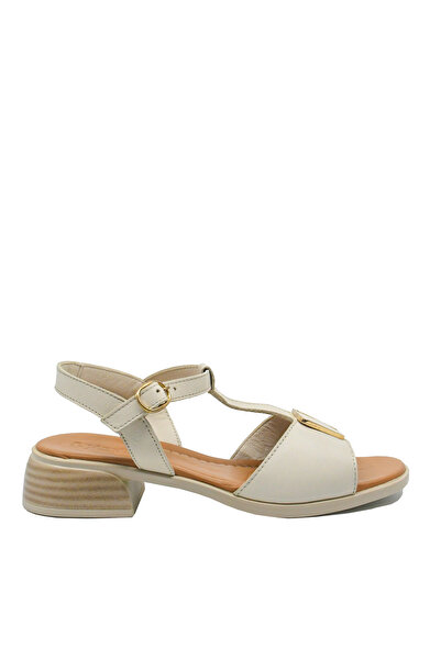 Anna Viotti cream sandals, made of genuine leather with T strap and massive heel