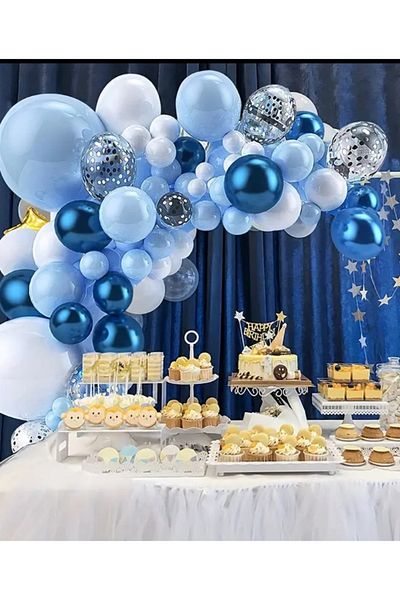Çemrek Süs Parti Blue White Chrome Blue Silver Sequin Transparent Balloon Chain Set Including 103 Jumbo