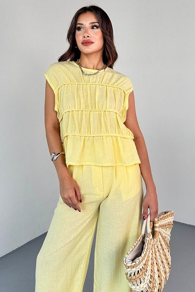 Cappmoda Tkm-8041 Yellow Flywheel Detailed Sleeveless Linen Blouse & Pleated Trousers Set with Elastic Back