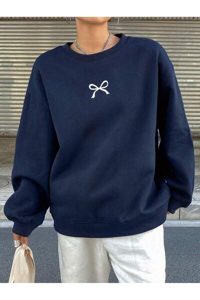 MOONBULL Hanorac supradimensionat cu decolteu cu panglică albă mică pentru femei