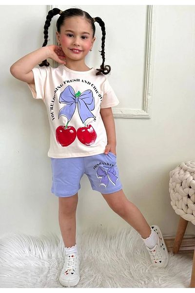 Yağmur Giyim Pjkskt Cherry Patterned Lilac Shorts Girl's Short Sleeve Suit 7625-L