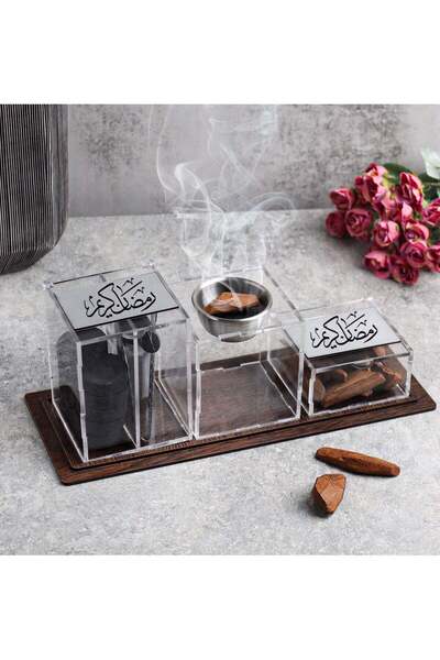 Story of candle مبخرة بخور مع عود مروكي و ولاعة وفحم وملقاط بعبارة "رمضان كريم" مصنوعه من الاكريلك اللامع والشفاف