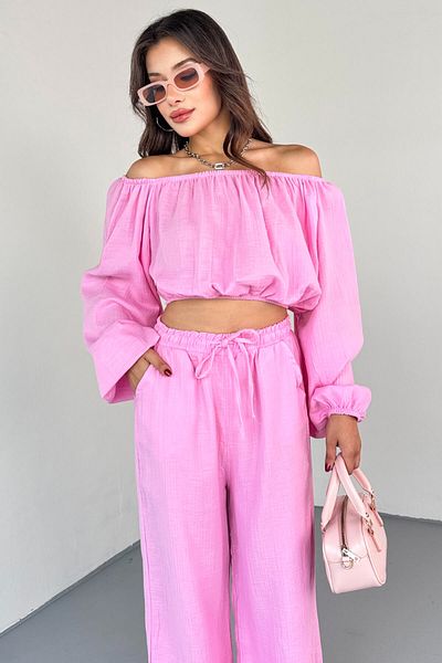 Cappmoda Tkm-13328 Pink Boat Neck Blouse & High Waist Wide Leg Pants Set