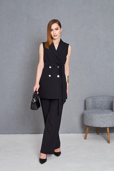 LOVELF Costum Vestă cu centură cu nasturi aurii Negru