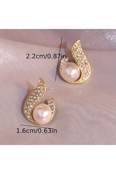Atılgan Grp French Style Pearl and Zircon Stone Elegant Gold Women's Earrings