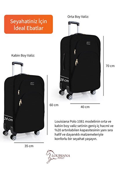 louisiana polo Orta ve Kabin Boy Valiz Seti 4 Teker Kumaş Valiz Siyah 1081