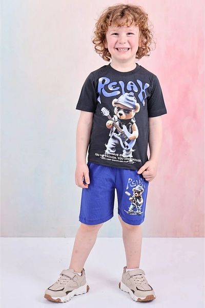 Yağmur Giyim Pjkskt Relax Gitarcı Bear Patterned Saks Blue Shorts Boy Short Sleeve Suit 7608-S