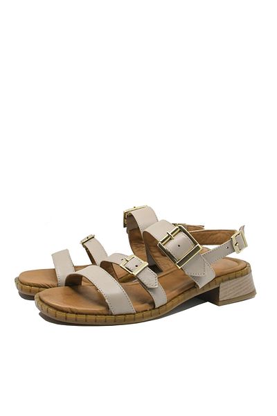 Anna Viotti Sandals with Decorative Buckles, Light Gray, Leather