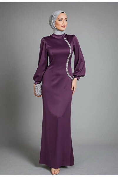 BestShopping فستان سهرة بليستونغ حجاب بحجر الخصر أرجواني داكن