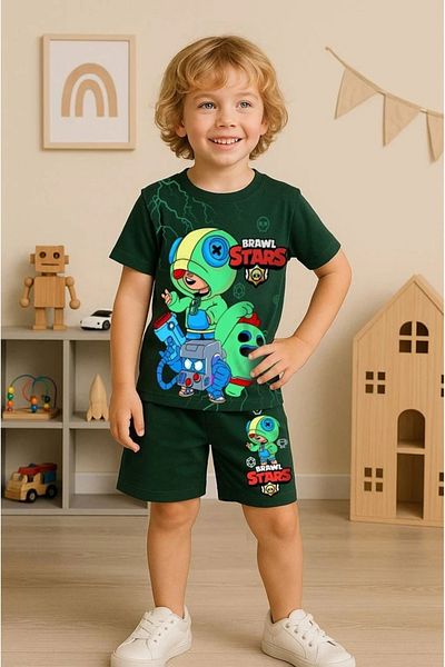 Yağmur Giyim Pjkskt Brawl Stars Patterned Green Shorts Boy Short Sleeve Suit 7508-Y