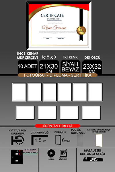 yhfoto 10 bucăți 21x30 cadru - cadru A4 cu șipci subțiri - 2 culori alb negru - cadru certificat foto