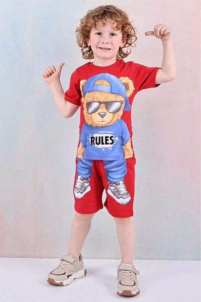 Yağmur Giyim Hat Teddy Bear Patterned Red Shorts Boy's Short Sleeve Suit 7600-K