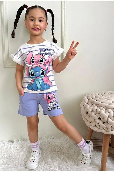 Yağmur Giyim Pjkskt Stitch Patterned Lilac Shorts Girl's Short Sleeve Set 7531-L