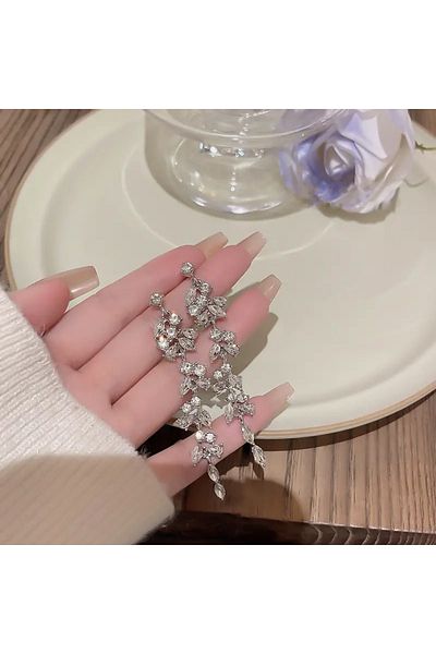 Atılgan Grp Chic Luxury Sparkling Stone Long Tassel Earrings, Korean Style Shiny Stone Long Flashy Women's Earrings