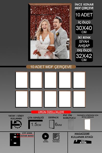 yhfoto 10 Pieces 30X40 Frame - Thin Slatted A3 Frame - 2 Colors Wood Black - 6mm Photo Frame