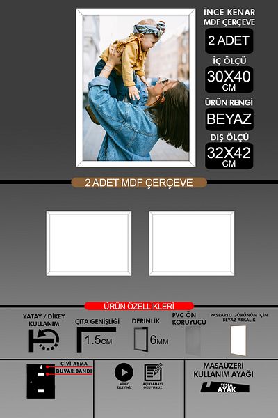 yhfoto 2 Pieces 30X40 Frame - Thin Slatted A3 Frame - White Frame - 6mm - Photo Frame