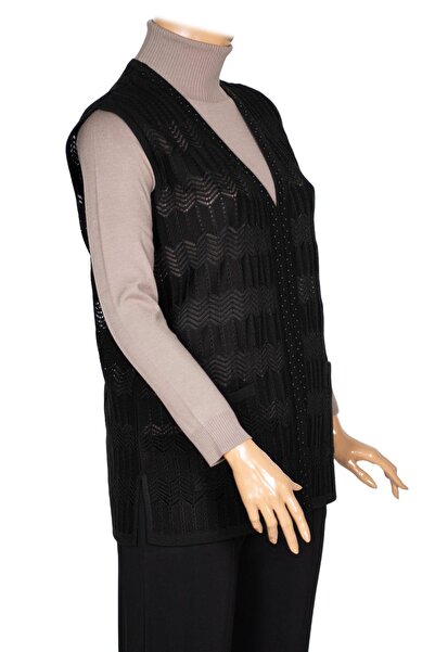 Hermevsim Hesna Women's Gökçe Knitwear Openwork Beaded Pocket Black Vest