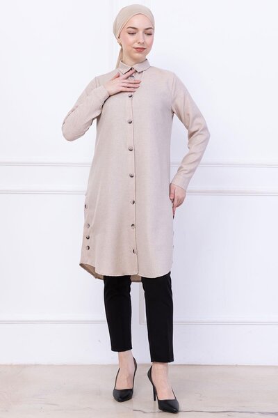hafsamina Button Detailed Tunic Beige Hm2737