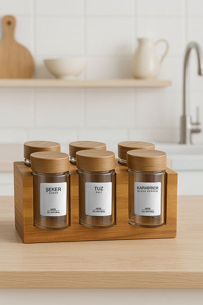 Kitchen Life Set of 6 Spice Jars with Acacia Stand and Acacia Lid 100 ml