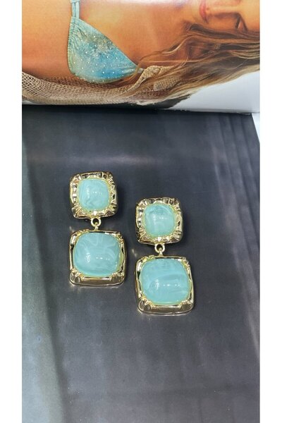 Havalı Sallantılı Kadın Küpe. Modern ve Şık Su Yeşili - Altın Kaplama Renk Küpe. Yeni Sezon Küpe