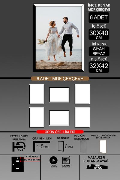 yhfoto 6 قطع إطار 30x40 - إطار A3 ذو شرائح رفيعة - لونين أسود وأبيض - إطار صور 6 مم